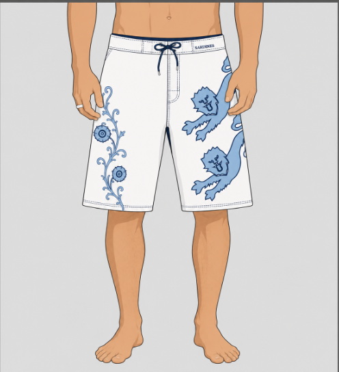 A mannequin-style rendering of white board shorts with blue lion and floral graphics, shown from waist to feet against a light gray background.
