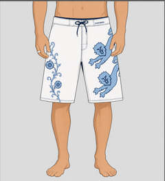 A mannequin-style rendering of white board shorts with blue lion and floral graphics, shown from waist to feet against a light gray background.