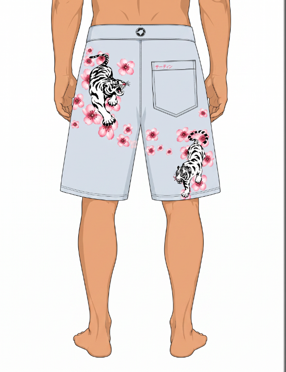 A digital mockup of a model wearing light blue board shorts with white and black tiger prints and pink cherry blossoms, shown from the back against a white background.