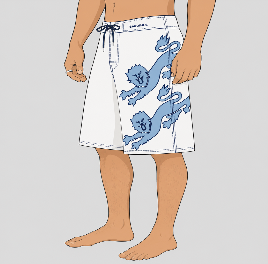 A person wearing white shorts with a large blue lion graphic and a drawstring waist, shown from the waist down on a plain light gray background.