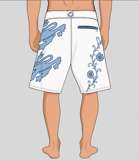 White athletic shorts with blue graphic patterns, shown on a stylized male model from the back against a light gray background.
