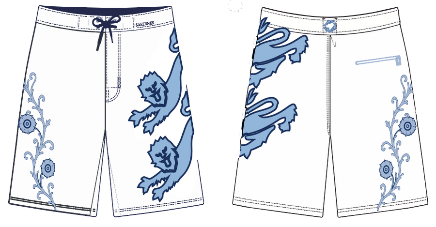Front and back views of white board shorts with blue lion and floral patterns, shown on a plain white background.