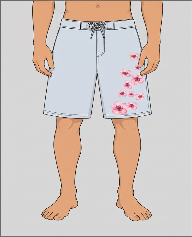 A person from waist to feet wearing light blue drawstring shorts with pink floral graphics printed along the lower right leg, shown against a plain light gray background.
