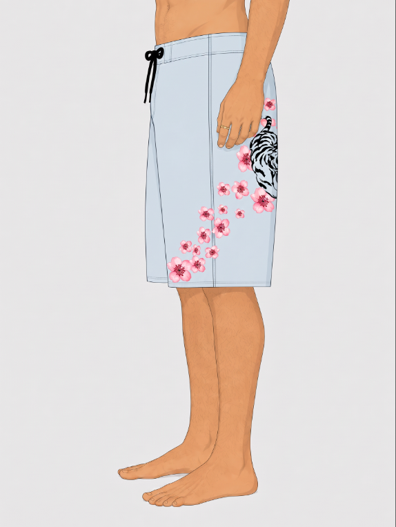 A side-profile illustration of a person wearing light blue board shorts with a black drawstring, pink cherry blossoms, and a black-and-white tiger graphic on a plain light gray background.