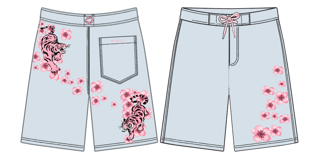 Front and back views of light blue drawstring shorts with pink cherry blossom prints and tiger graphics, shown on a plain white background.